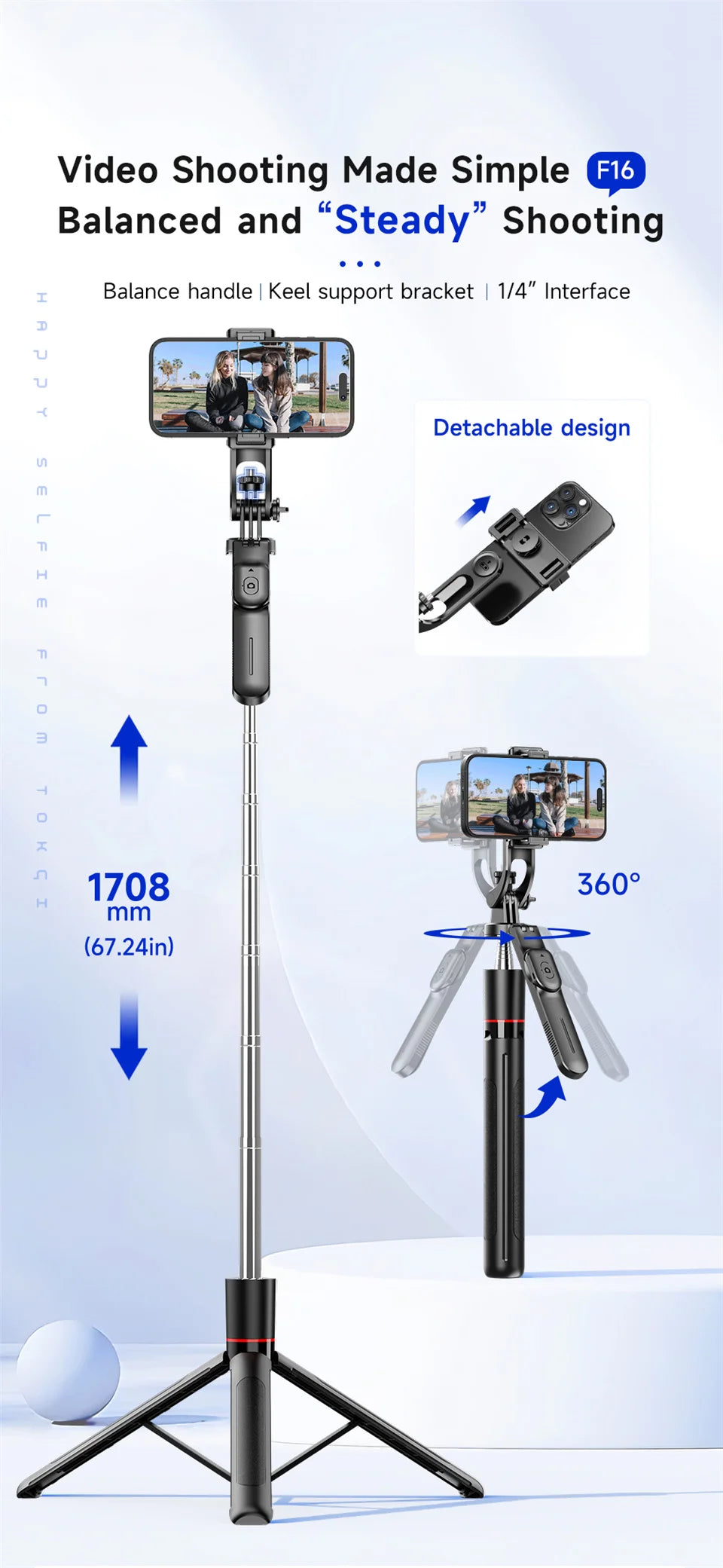 Selfie Stick Tripod 1.7M Bluetooth Remote Fill Light