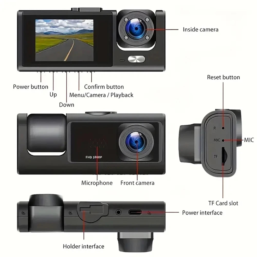WiFi Dash Cam 1080P Triple Lens Car DVR Recorder