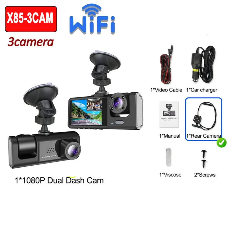WiFi Dash Cam 1080P Triple Lens Car DVR Recorder