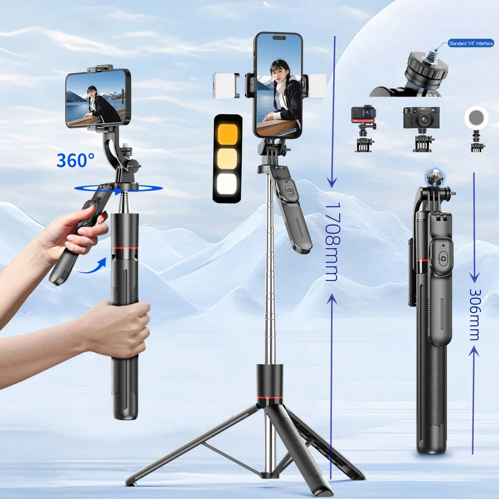 Selfie Stick Tripod 1.7M Bluetooth Remote Fill Light