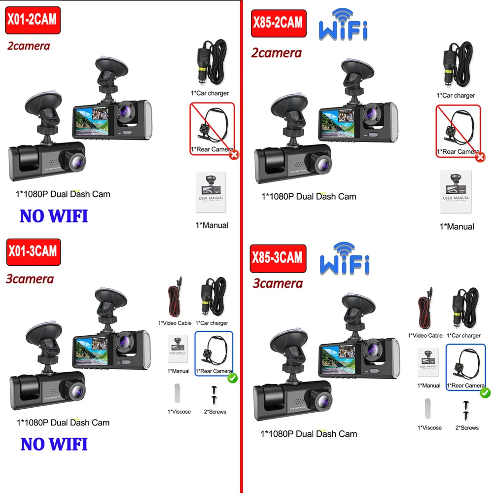 WiFi Dash Cam 1080P Triple Lens Car DVR Recorder