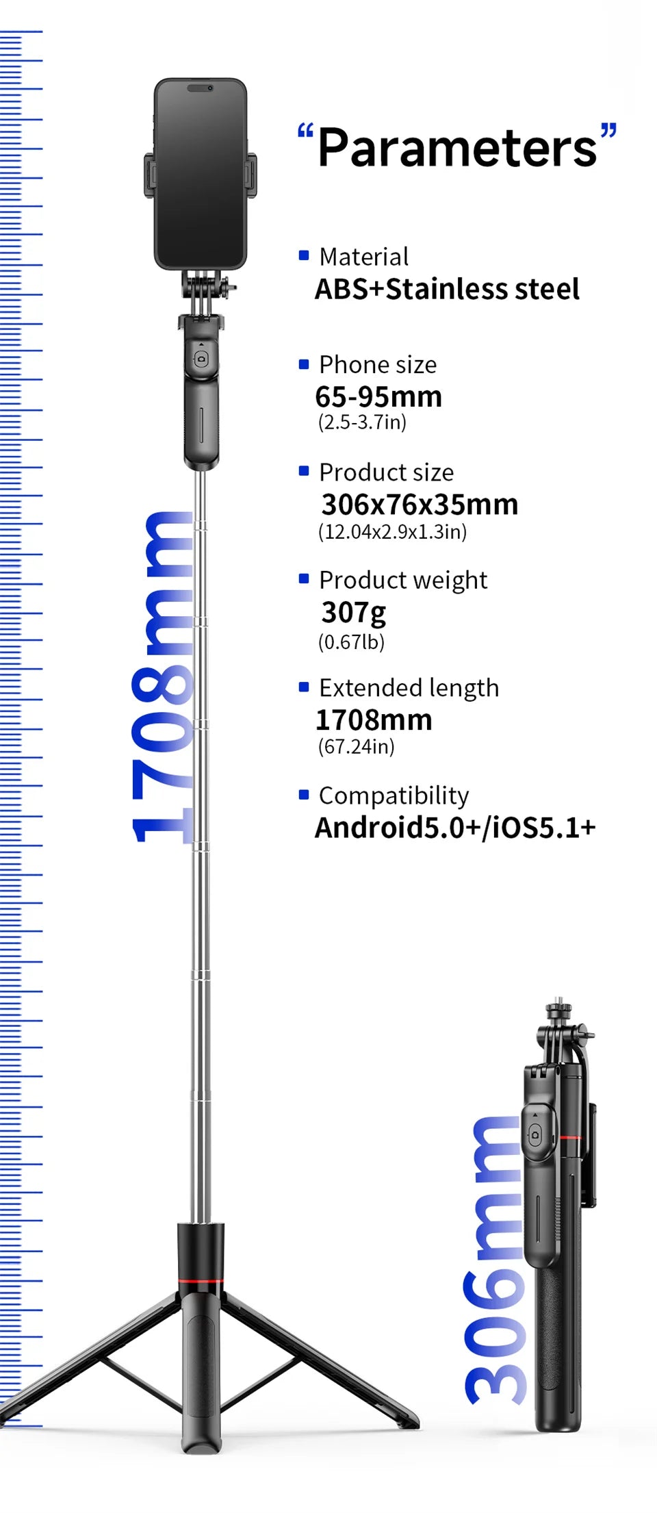 Selfie Stick Tripod 1.7M Bluetooth Remote Fill Light