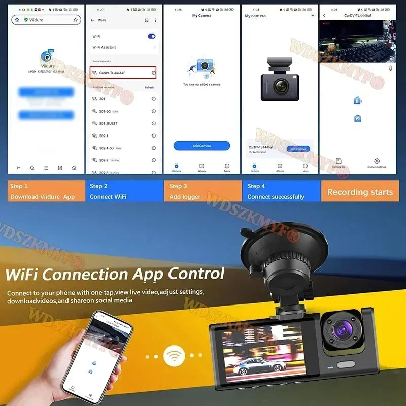 WiFi Dash Cam 1080P Triple Lens Car DVR Recorder