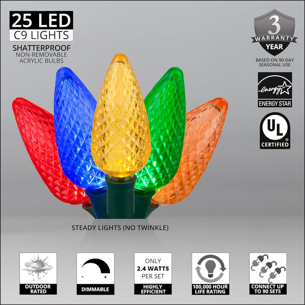 C9 Christmas Lights 25 LED Multicolor 17FT Outdoor C9 Multicolor Christmas Lights Set of 25, 17 Ft, Multi Colored Christmas Lights Outdoor C9 LED Christmas Lights Multicolor C9 Christmas Lights Party Multicolor LED Christmas Lights