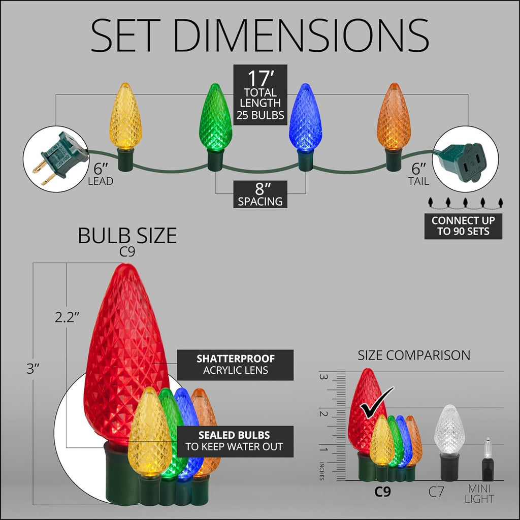 C9 Christmas Lights 25 LED Multicolor 17FT Outdoor C9 Multicolor Christmas Lights Set of 25, 17 Ft, Multi Colored Christmas Lights Outdoor C9 LED Christmas Lights Multicolor C9 Christmas Lights Party Multicolor LED Christmas Lights